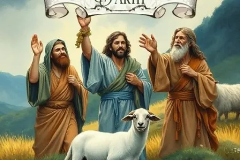 Three bearded men in robes with a sheep in a field, banner above reads 'Peace on Earth.'