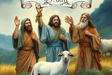 Three bearded men in robes with a sheep, banner reads 'Peace on Earth'.