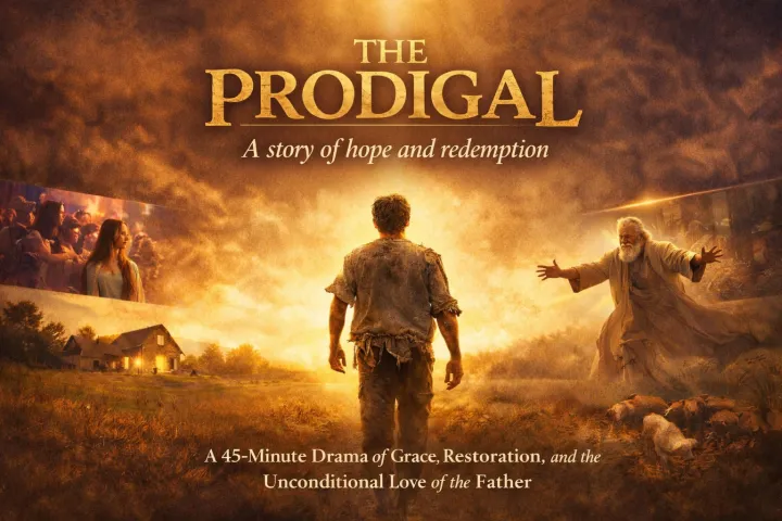 Man walking towards welcoming father, scenes of journey in background, text: 'The Prodigal: A story of hope and redemption.'