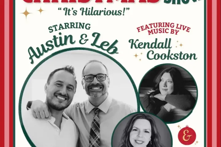 Holiday show poster with performers' photos and festive decorations.