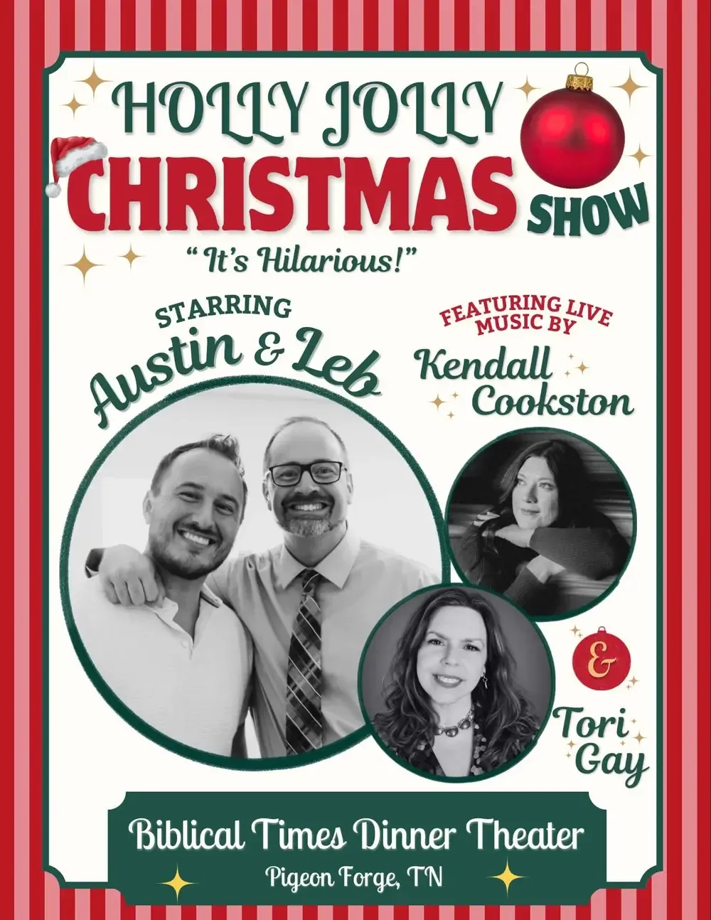 Holiday show poster with performers' photos and festive decorations.